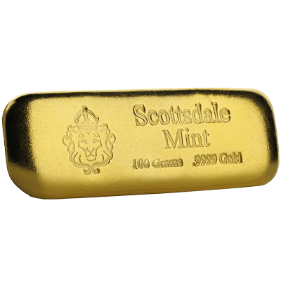 A picture of a 100 gram Scottsdale Gold Bar
